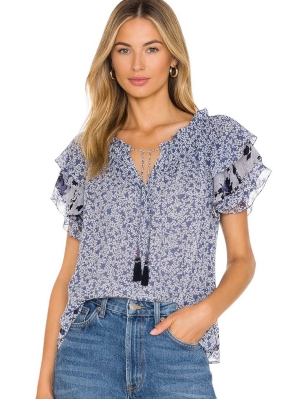 MISA Los Angeles Olga Flutter Sleeves Blue Floral Print Blouse Top - Size Small
